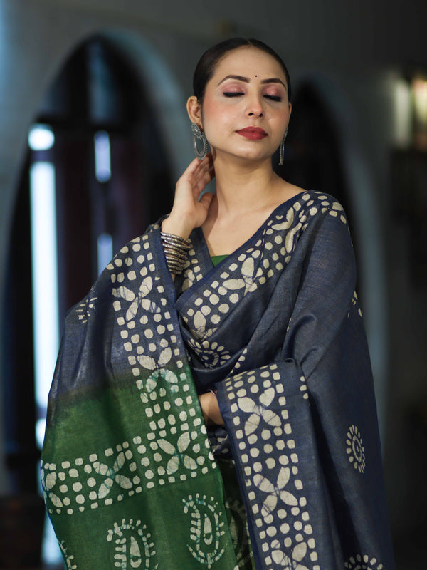 Pure Handloom Khadi Cotton Hand-Dyed Batik Pattern Salwar Kameez Dupatta Set-Blue & Green