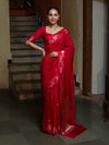 Banarasee Handloom Semi Silk Saree With Sona Rupa Zari Buti Design & Contrast Border-Red & Rose Pink