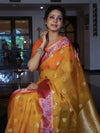 Banarasee Organza Mix Saree With Zari Buta Design & Contrast Border-Yellow & Pink