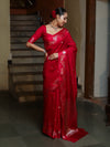 Banarasee Handloom Semi Silk Saree With Sona Rupa Zari Buti Design & Contrast Border-Red & Rose Pink