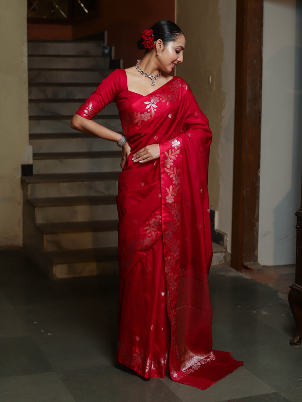 Banarasee Handloom Semi Silk Saree With Sona Rupa Zari Buti Design & Contrast Border-Red & Rose Pink