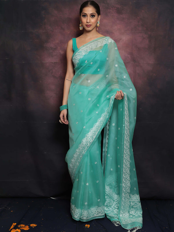 Banarasee Pure Organza Silk Saree With Floral Resham Embroidery-Sea Green