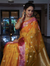 Banarasee Organza Mix Saree With Zari Buta Design & Contrast Border-Yellow & Pink