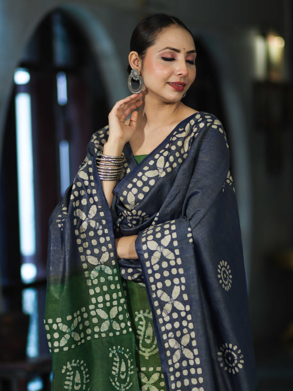 Pure Handloom Khadi Cotton Hand-Dyed Batik Pattern Salwar Kameez Dupatta Set-Blue & Green