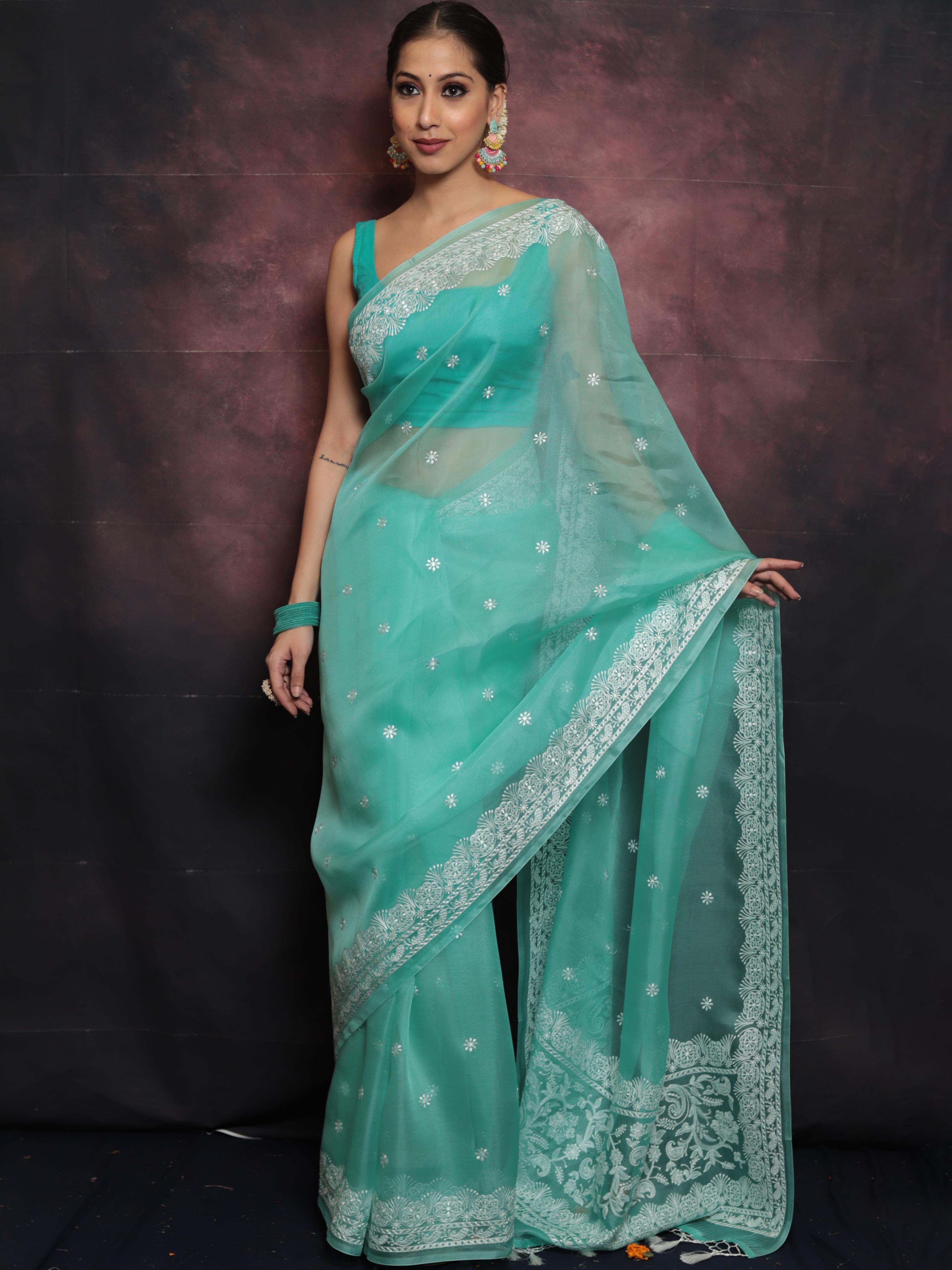 Banarasee Pure Organza Silk Saree With Floral Resham Embroidery-Sea Green