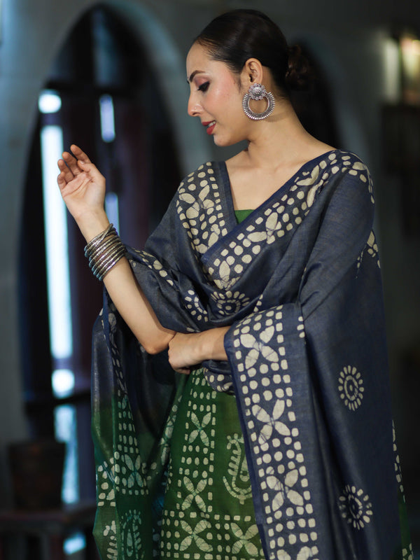 Pure Handloom Khadi Cotton Hand-Dyed Batik Pattern Salwar Kameez Dupatta Set-Blue & Green