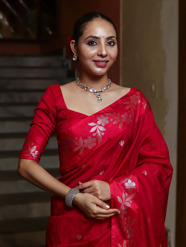 Banarasee Handloom Semi Silk Saree With Sona Rupa Zari Buti Design & Contrast Border-Red & Rose Pink