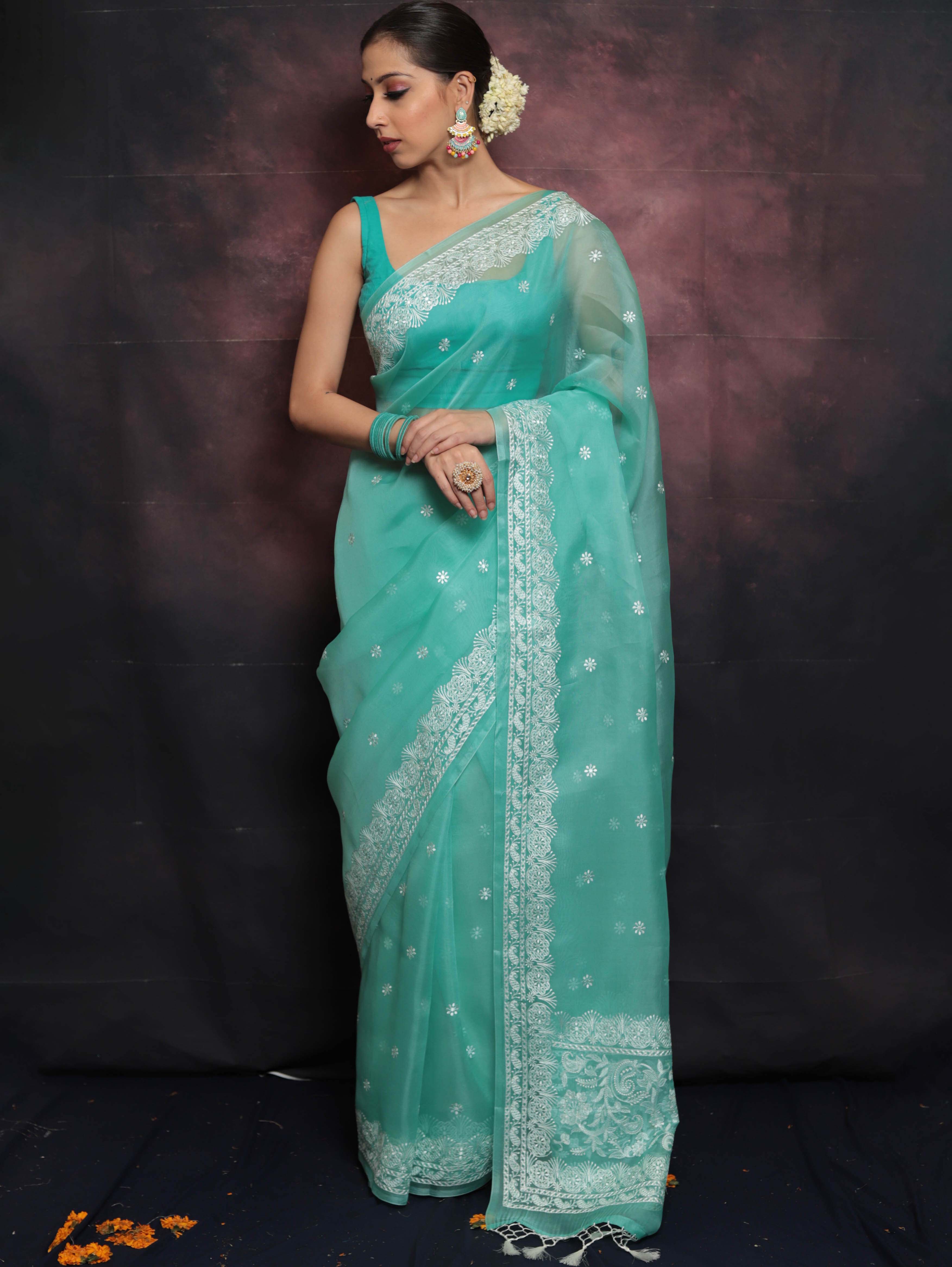 Banarasee Pure Organza Silk Saree With Floral Resham Embroidery-Sea Green