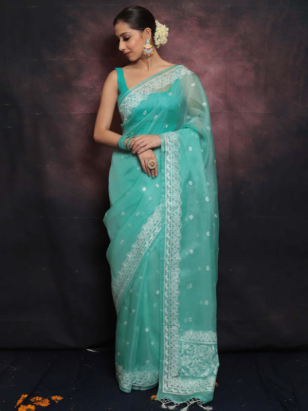 Banarasee Pure Organza Silk Saree With Floral Resham Embroidery-Sea Green