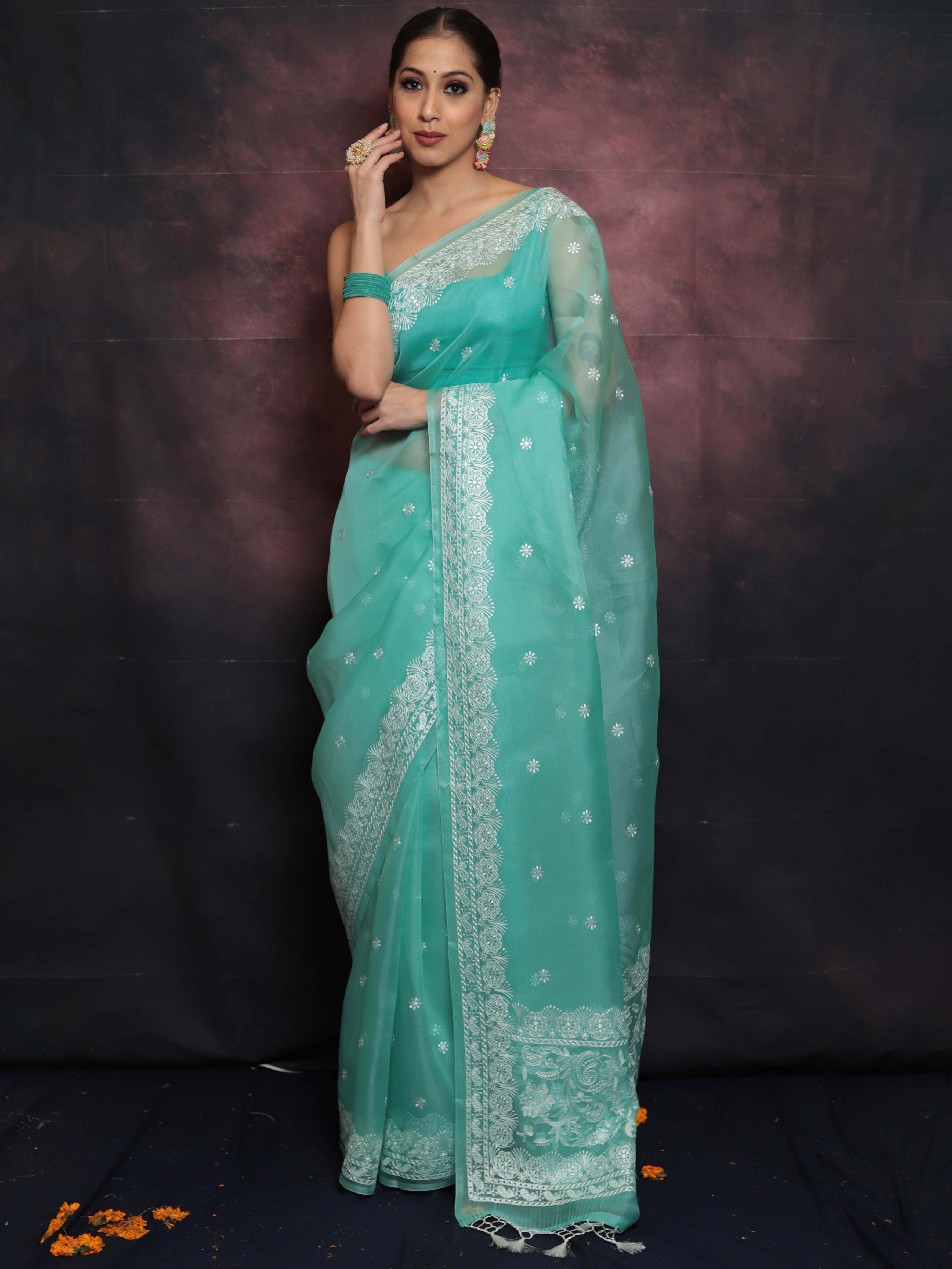 Banarasee Pure Organza Silk Saree With Floral Resham Embroidery-Sea Green