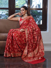 Banarasee Pure Chiffon Saree With Zari Jaal Design & Border-Red