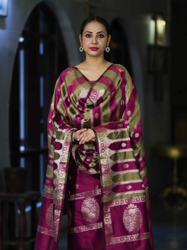 Banarasee Semi Katan Zari Work Salwar Kameez Fabric With Dupatta Set-Magenta