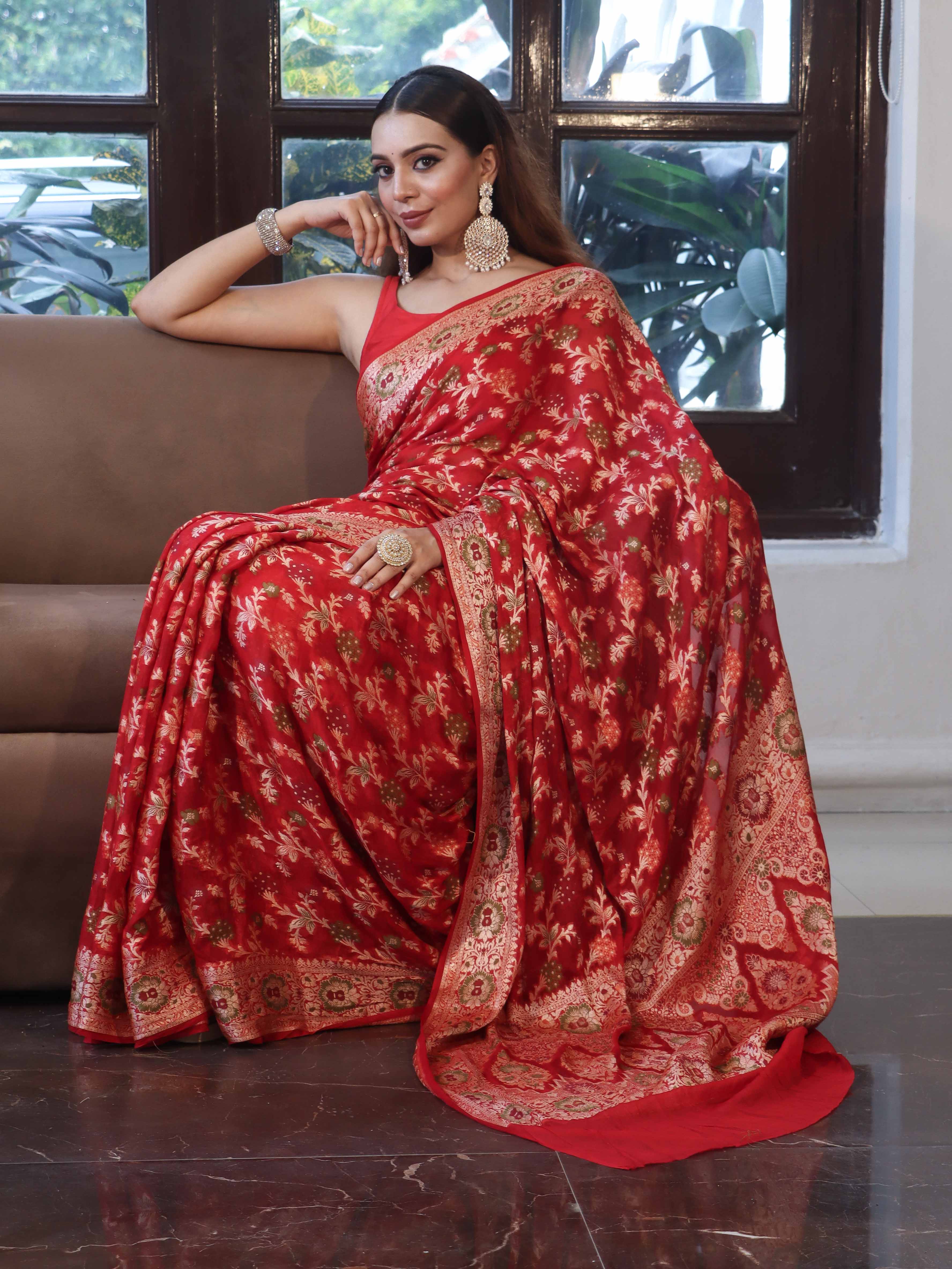 Banarasee Pure Chiffon Saree With Zari Jaal Design & Border-Red