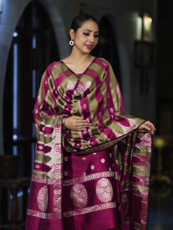 Banarasee Semi Katan Zari Work Salwar Kameez Fabric With Dupatta Set-Magenta