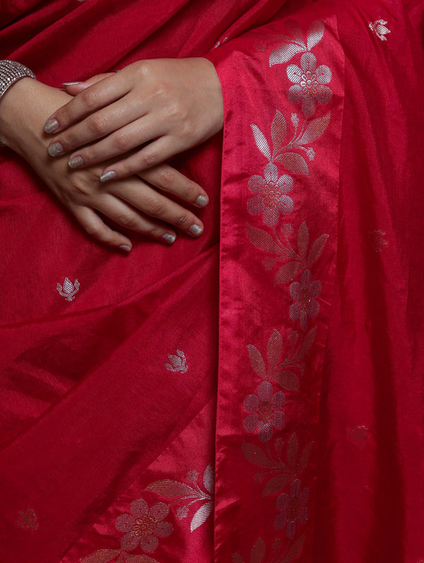 Banarasee Handloom Semi Silk Saree With Sona Rupa Zari Buti Design & Contrast Border-Red & Rose Pink