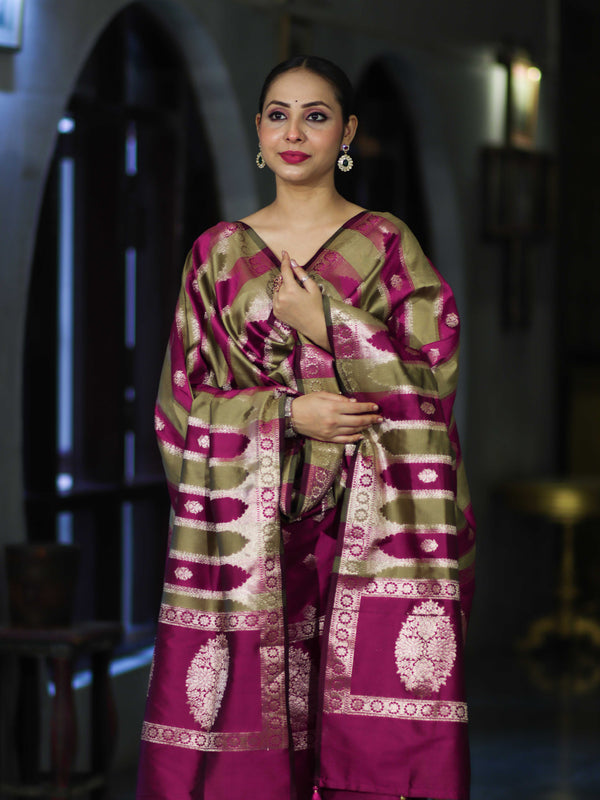 Banarasee Semi Katan Zari Work Salwar Kameez Fabric With Dupatta Set-Magenta