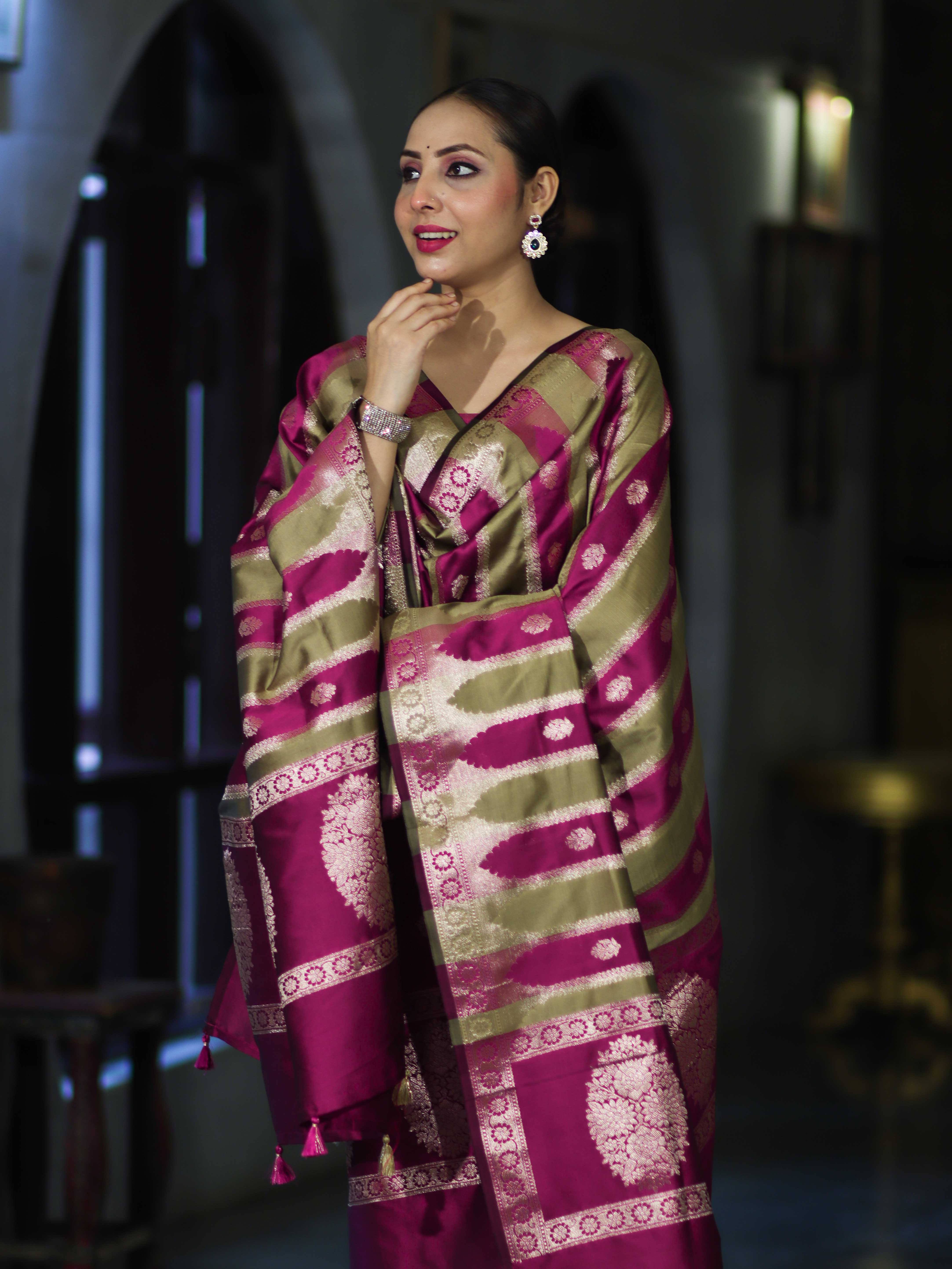 Banarasee Semi Katan Zari Work Salwar Kameez Fabric With Dupatta Set-Magenta