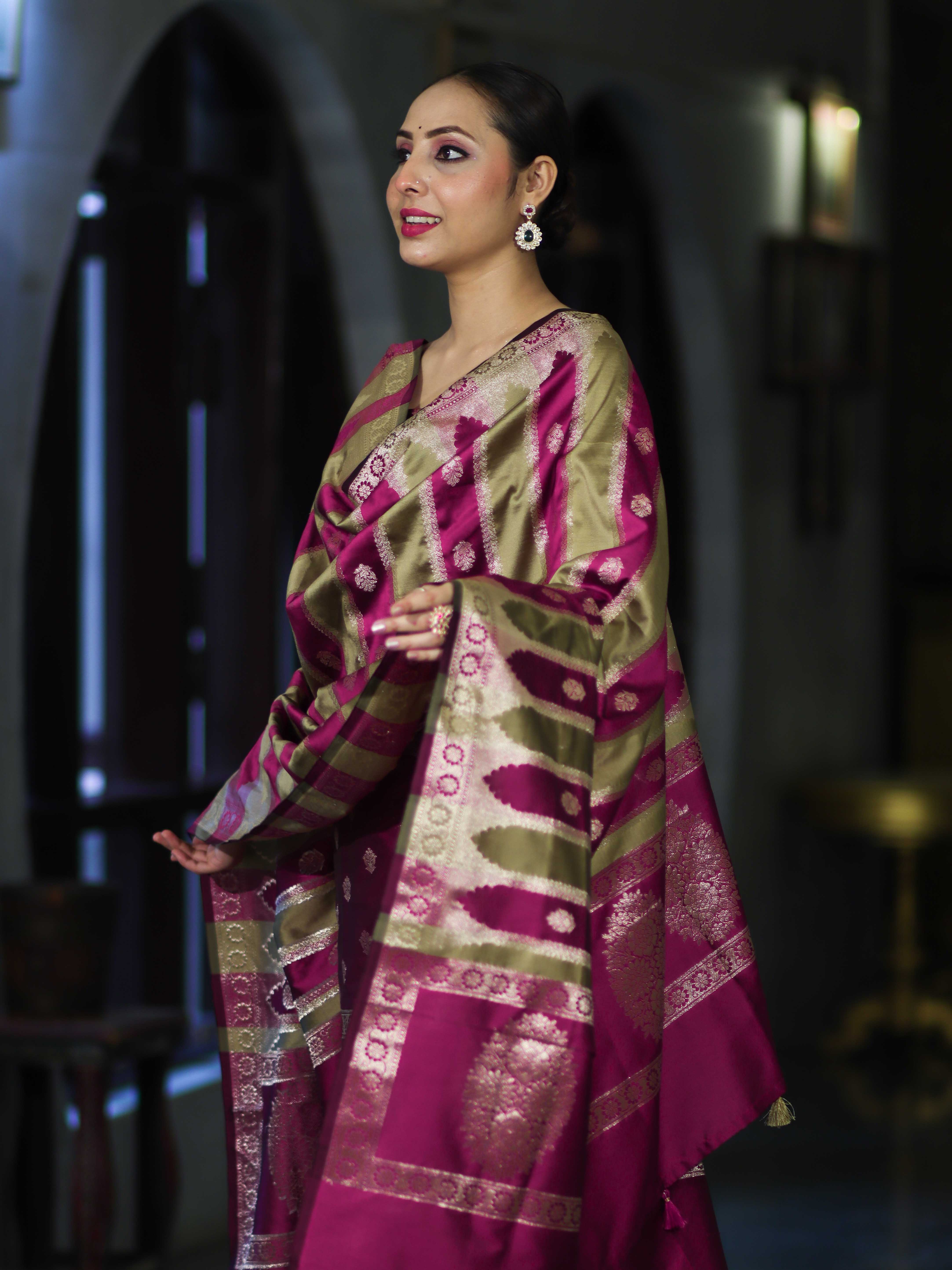 Banarasee Semi Katan Zari Work Salwar Kameez Fabric With Dupatta Set-Magenta