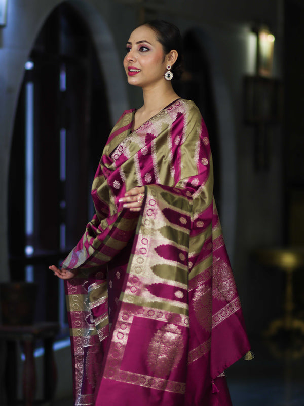 Banarasee Semi Katan Zari Work Salwar Kameez Fabric With Dupatta Set-Magenta