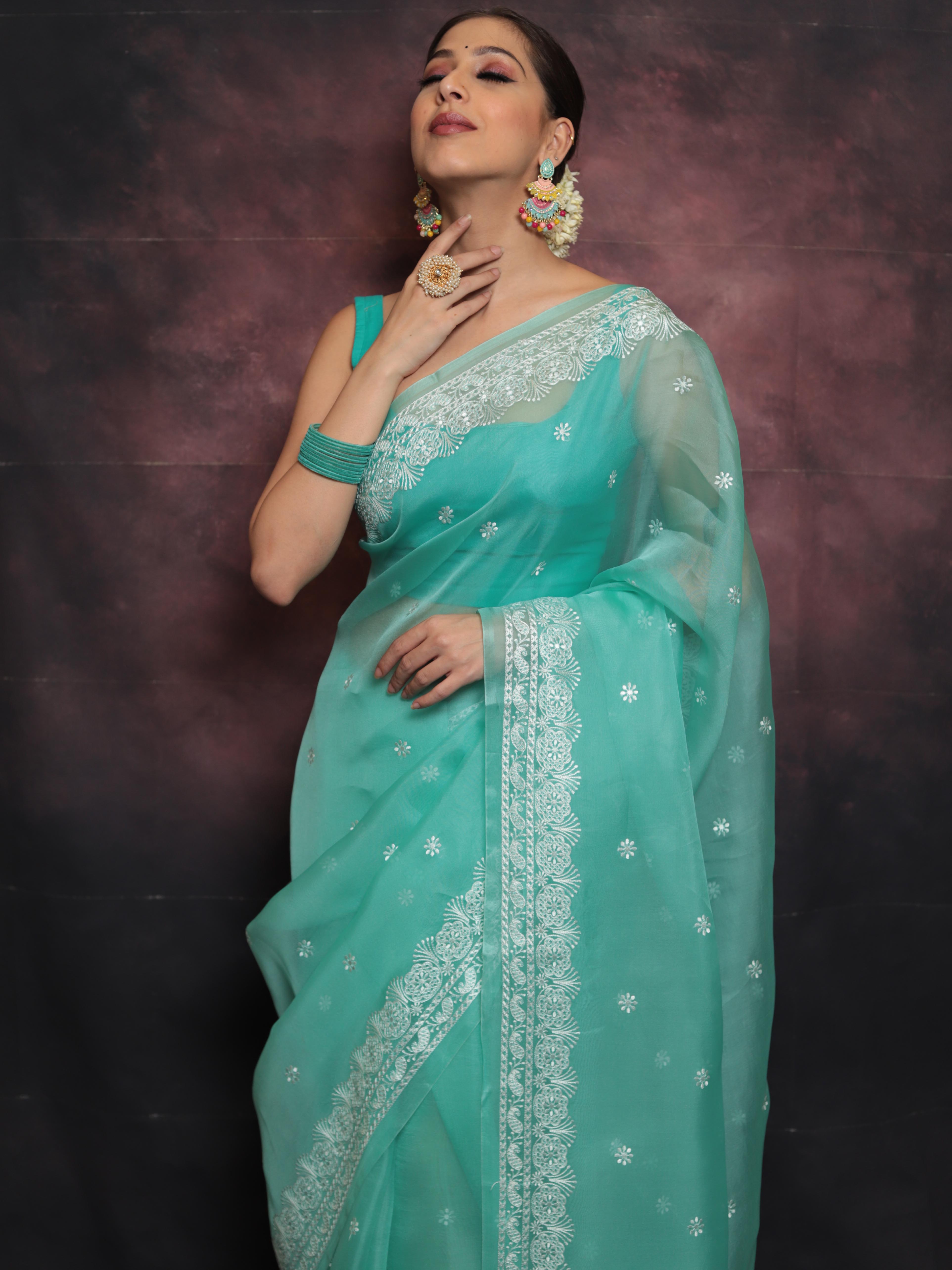Banarasee Pure Organza Silk Saree With Floral Resham Embroidery-Sea Green