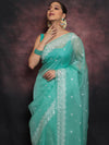 Banarasee Pure Organza Silk Saree With Floral Resham Embroidery-Sea Green