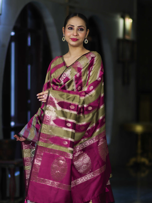 Banarasee Semi Katan Zari Work Salwar Kameez Fabric With Dupatta Set-Magenta
