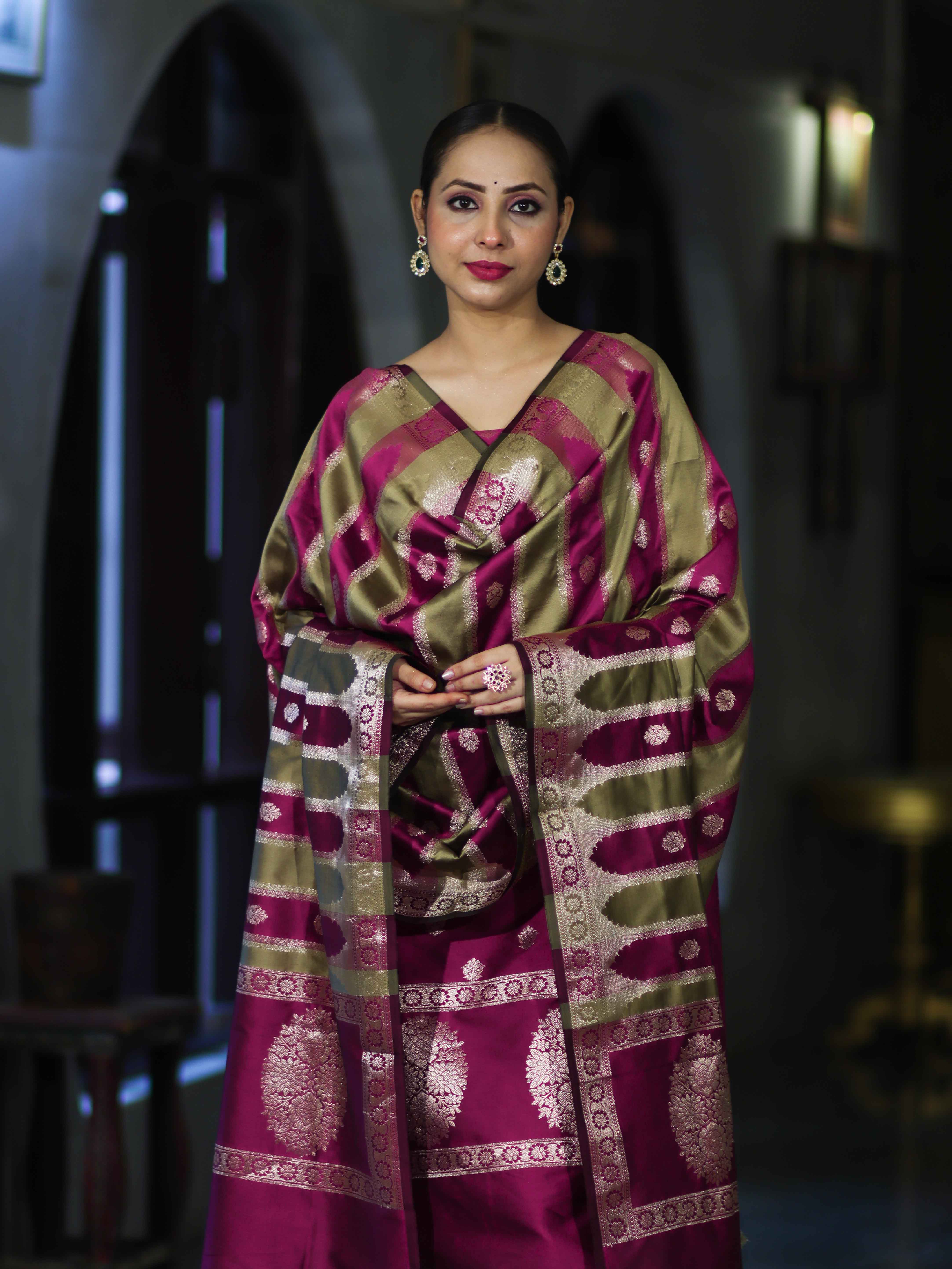 Banarasee Semi Katan Zari Work Salwar Kameez Fabric With Dupatta Set-Magenta