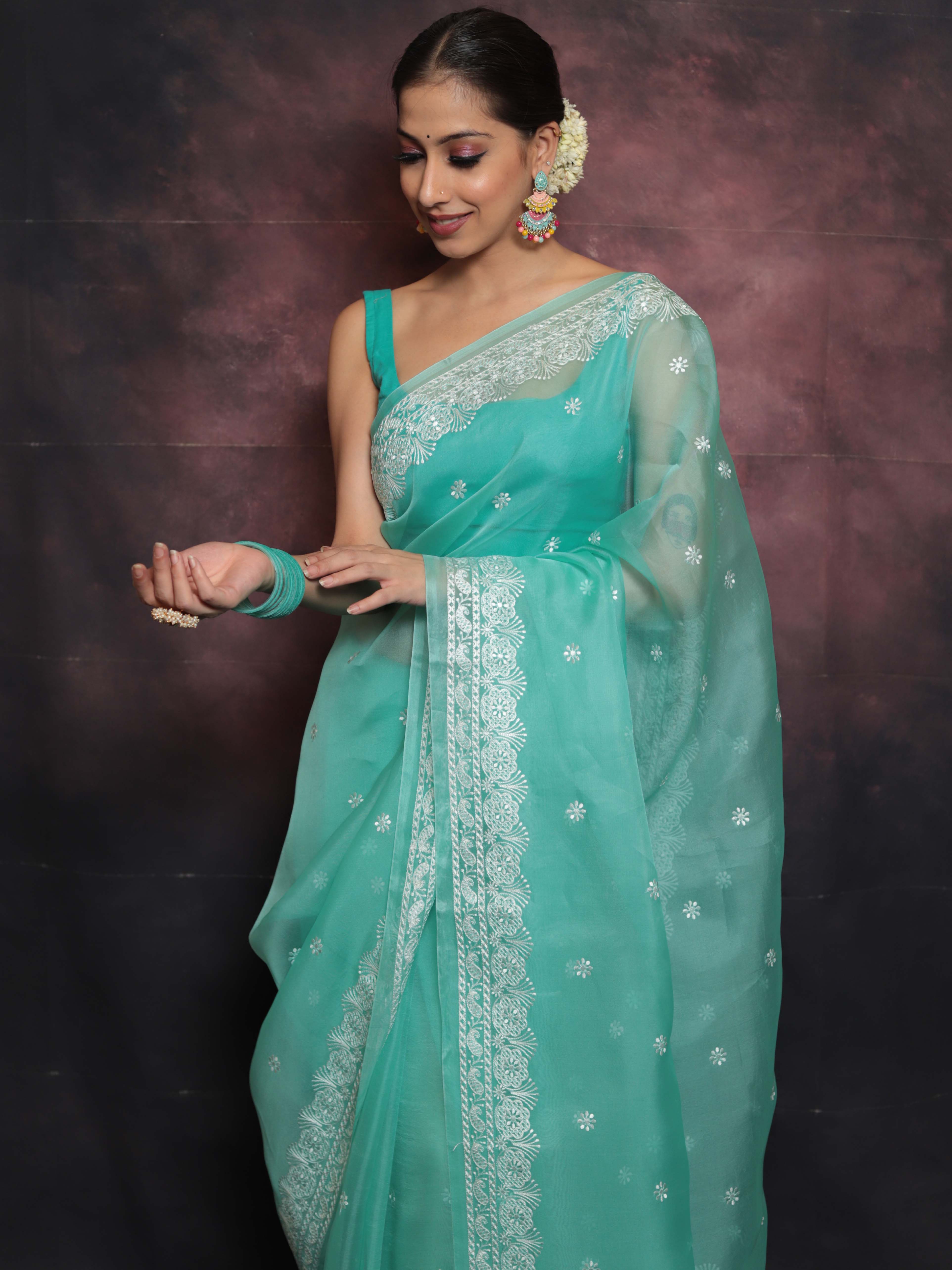 Banarasee Pure Organza Silk Saree With Floral Resham Embroidery-Sea Green