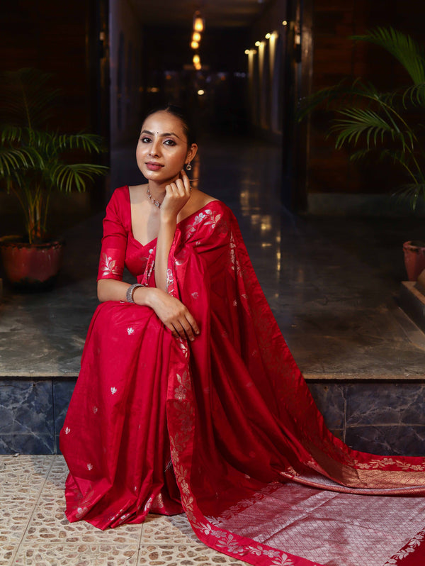 Banarasee Handloom Semi Silk Saree With Sona Rupa Zari Buti Design & Contrast Border-Red & Rose Pink