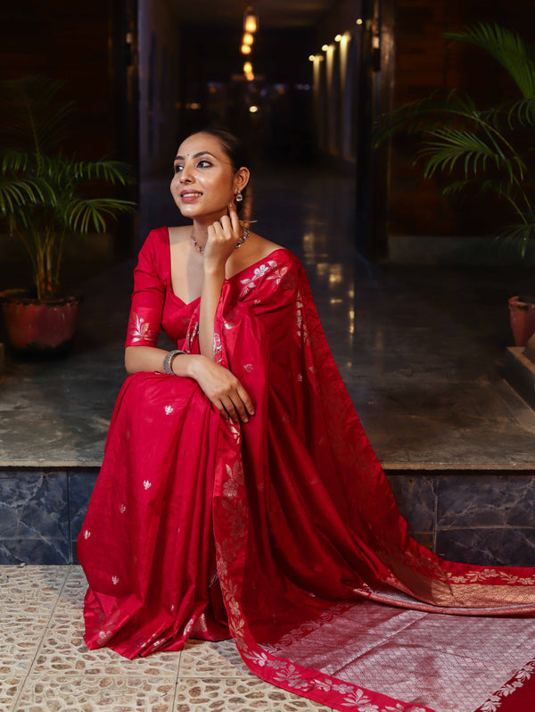 Banarasee Handloom Semi Silk Saree With Sona Rupa Zari Buti Design & Contrast Border-Red & Rose Pink