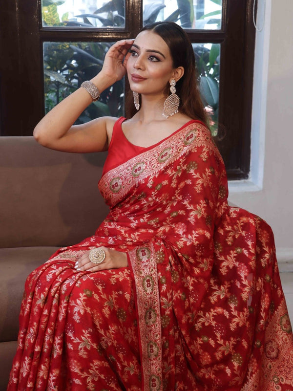 Banarasee Pure Chiffon Saree With Zari Jaal Design & Border-Red
