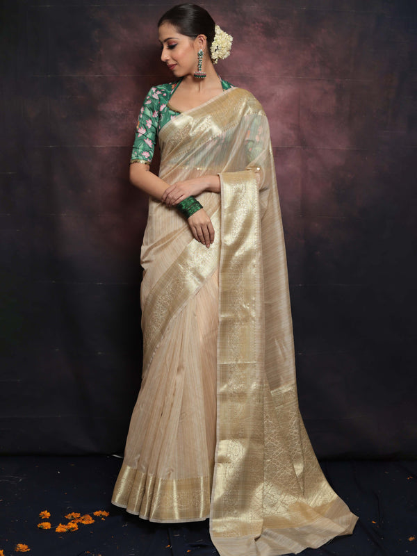 Banarasee Cotton Silk Mix Banswada Saree With Green Pichwai Blouse-Beige