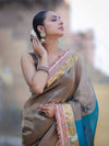 Banarasee Handloom Plain Tissue Saree With Multicolor Pallu Zari Border & Lace-Gold