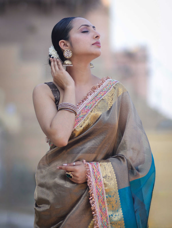 Banarasee Handloom Plain Tissue Saree With Multicolor Pallu Zari Border & Lace-Gold