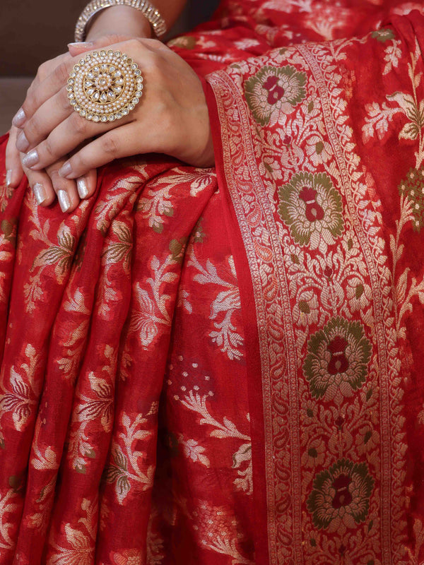 Banarasee Pure Chiffon Saree With Zari Jaal Design & Border-Red