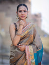 Banarasee Handloom Plain Tissue Saree With Multicolor Pallu Zari Border & Lace-Gold