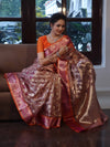 Banarasee Organza Mix Saree With Zari Jaal Design & Contrast Border-Peach & Pink
