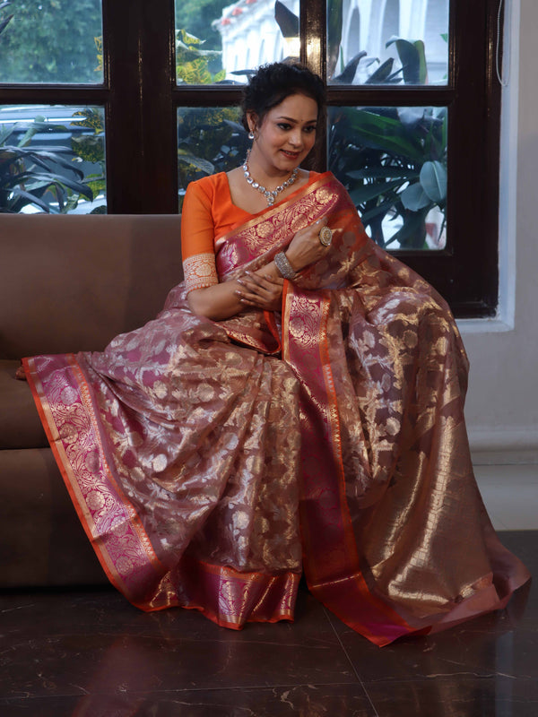 Banarasee Organza Mix Saree With Zari Jaal Design & Contrast Border-Peach & Pink