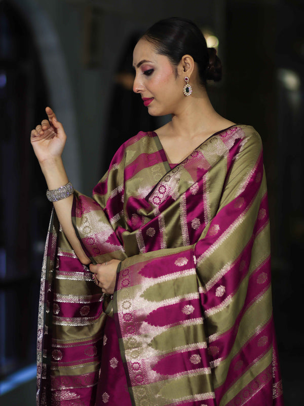 Banarasee Semi Katan Zari Work Salwar Kameez Fabric With Dupatta Set-Magenta