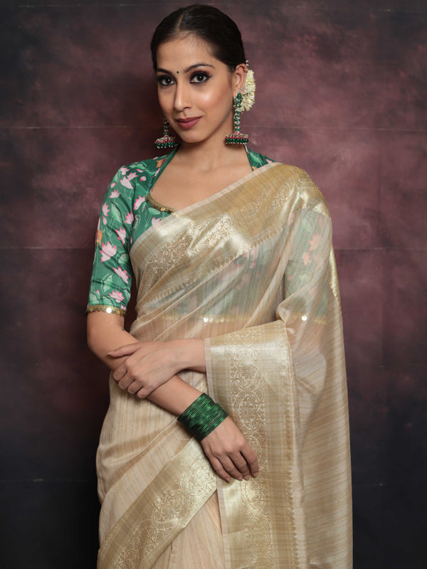 Banarasee Cotton Silk Mix Banswada Saree With Green Pichwai Blouse-Beige