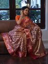 Banarasee Organza Mix Saree With Zari Jaal Design & Contrast Border-Peach & Pink