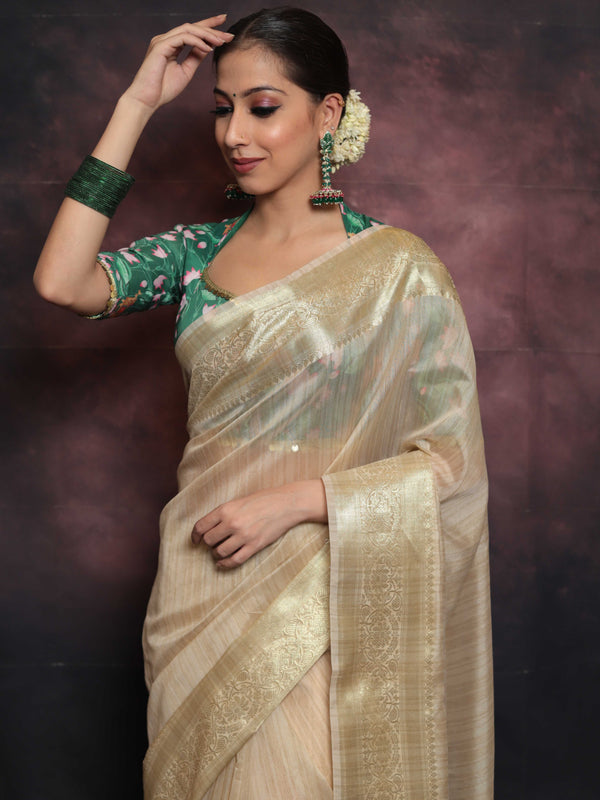 Banarasee Cotton Silk Mix Banswada Saree With Green Pichwai Blouse-Beige