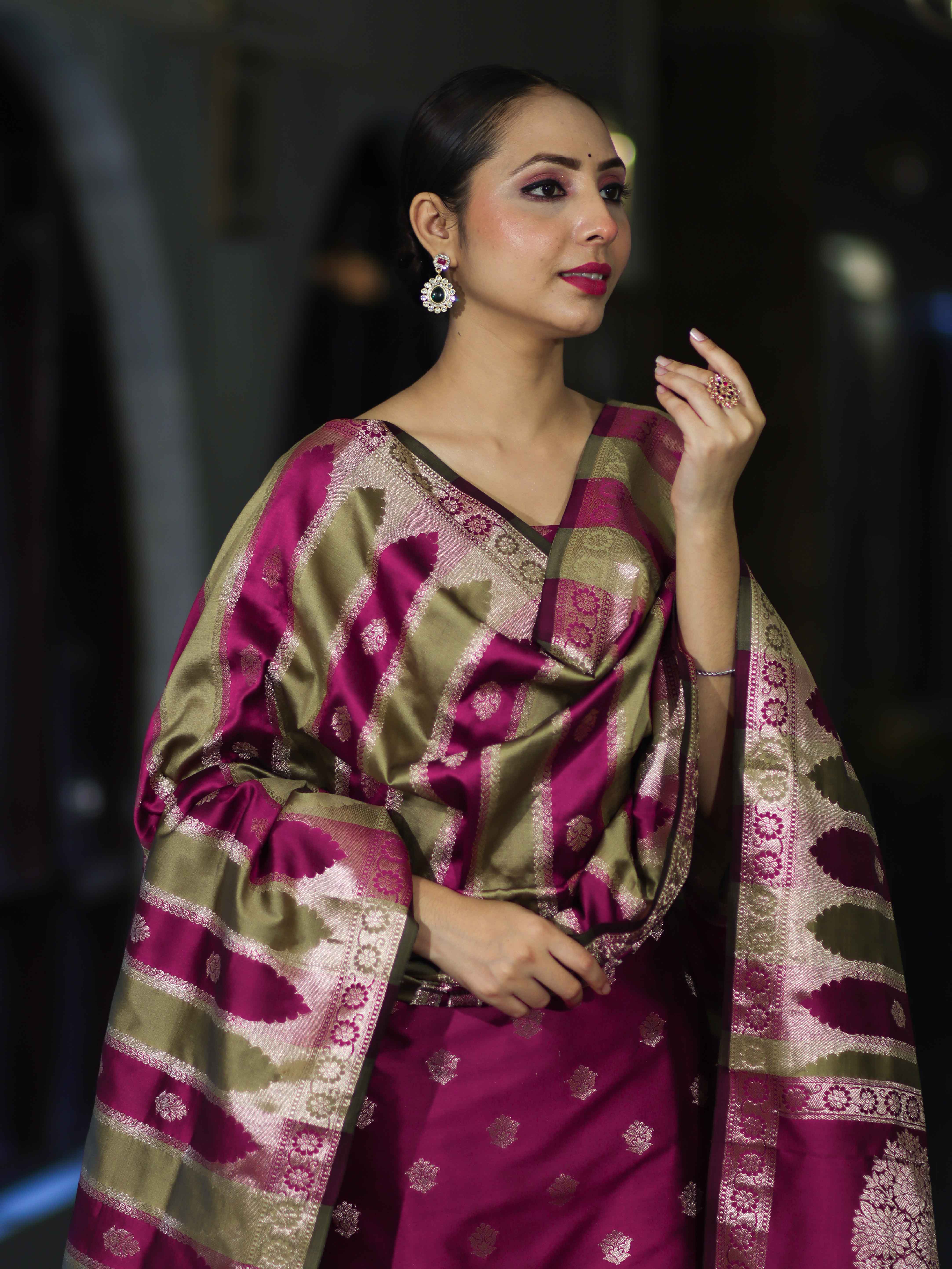 Banarasee Semi Katan Zari Work Salwar Kameez Fabric With Dupatta Set-Magenta