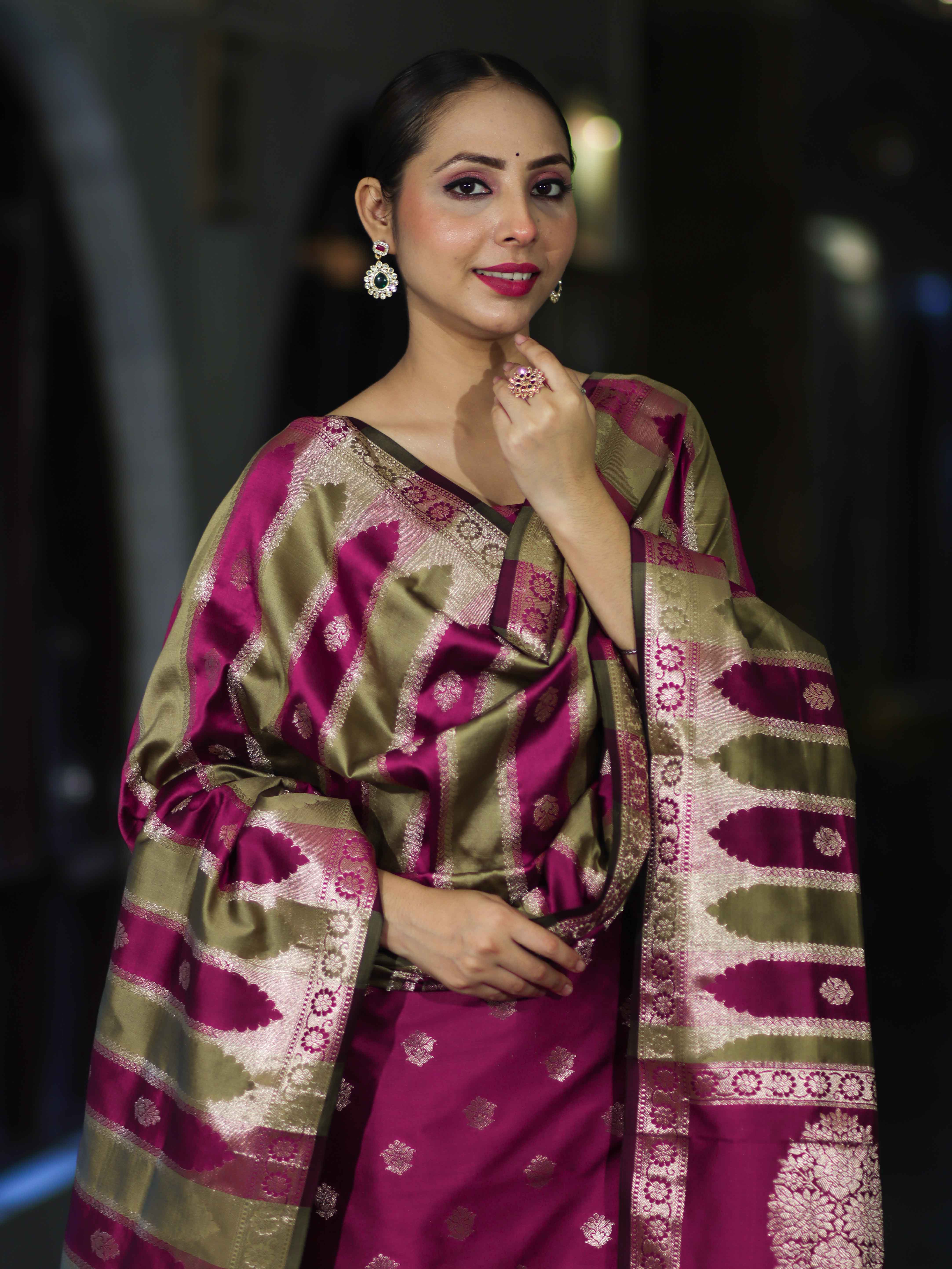 Banarasee Semi Katan Zari Work Salwar Kameez Fabric With Dupatta Set-Magenta