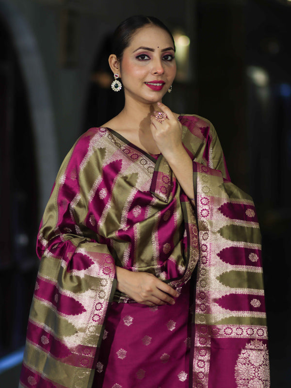 Banarasee Semi Katan Zari Work Salwar Kameez Fabric With Dupatta Set-Magenta
