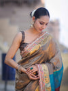 Banarasee Handloom Plain Tissue Saree With Multicolor Pallu Zari Border & Lace-Gold