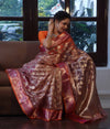 Banarasee Organza Mix Saree With Zari Jaal Design & Contrast Border-Peach & Pink