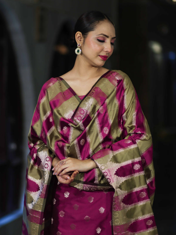 Banarasee Semi Katan Zari Work Salwar Kameez Fabric With Dupatta Set-Magenta