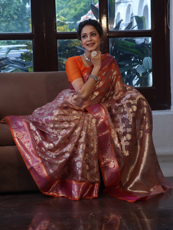 Banarasee Organza Mix Saree With Zari Jaal Design & Contrast Border-Peach & Pink