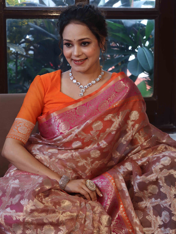 Banarasee Organza Mix Saree With Zari Jaal Design & Contrast Border-Peach & Pink